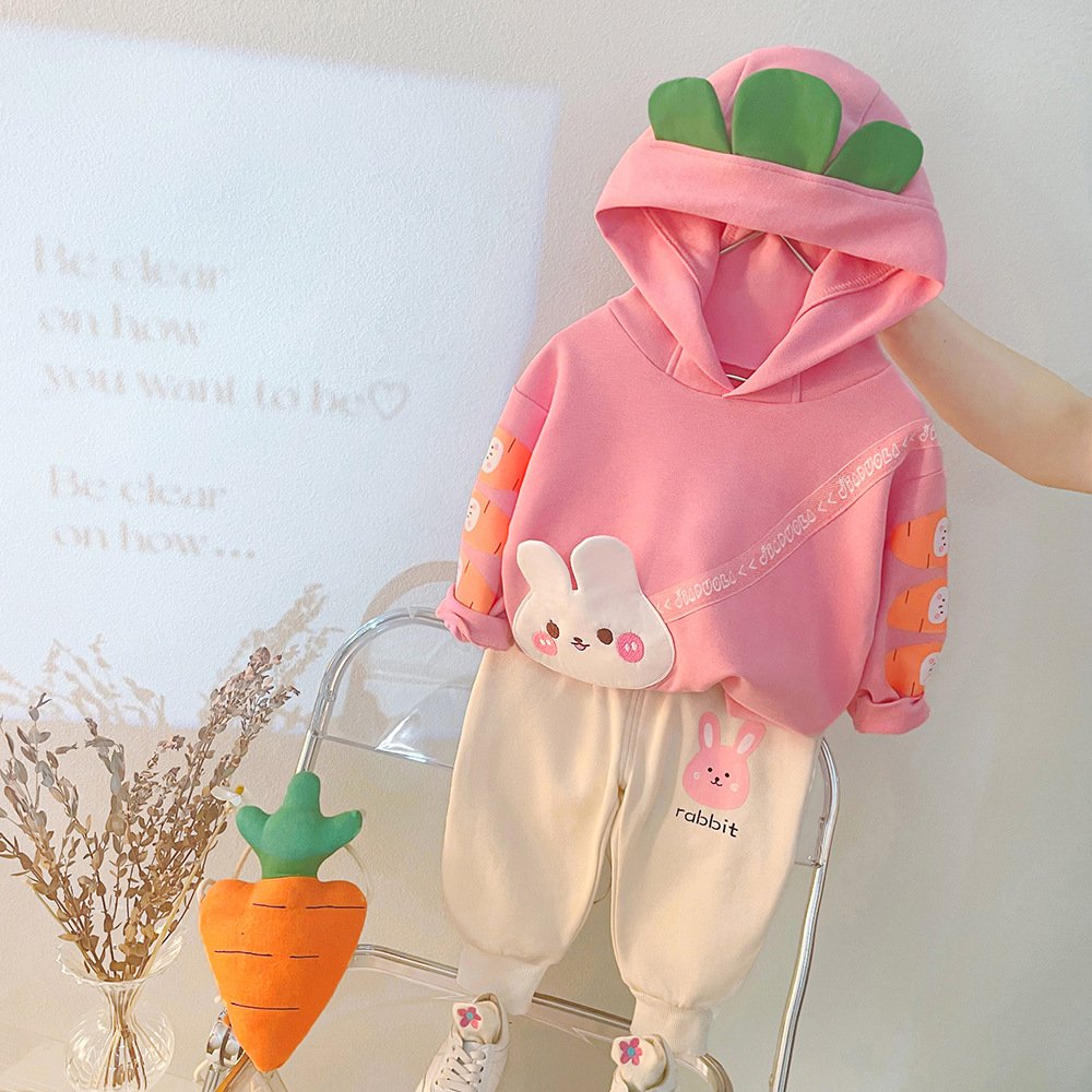 Spring and Autumn 2024 long sleeve solid color cartoon style crewneck hoodie and casual pants two children's clothing set