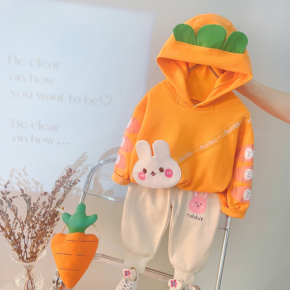 Spring and Autumn 2024 long sleeve solid color cartoon style crewneck hoodie and casual pants two children's clothing set