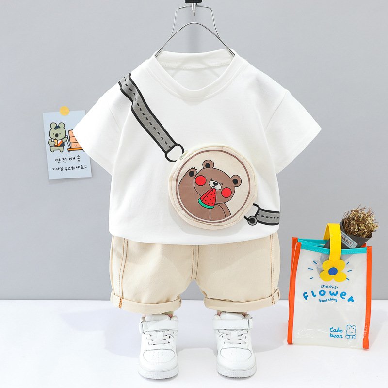 2023 Kids Clothing Short Sleeve Solid Color Bear Backpack Boy Clothes Set FlowTwo-piece T-shirt Casual Shorts Outfits