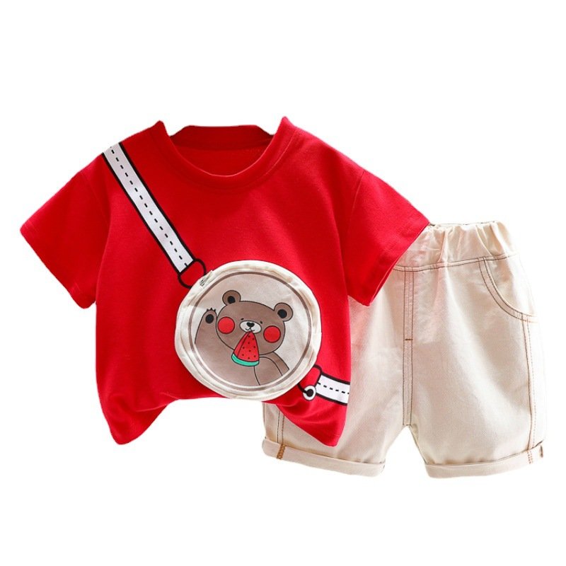 2023 Kids Clothing Short Sleeve Solid Color Bear Backpack Boy Clothes Set FlowTwo-piece T-shirt Casual Shorts Outfits