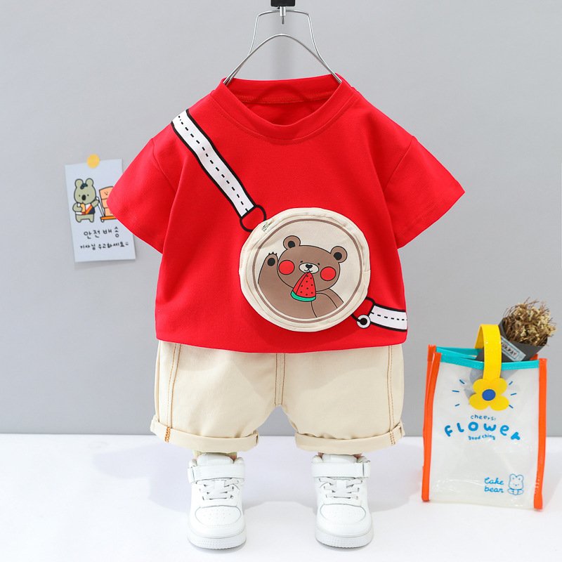 2023 Kids Clothing Short Sleeve Solid Color Bear Backpack Boy Clothes Set FlowTwo-piece T-shirt Casual Shorts Outfits