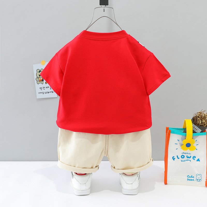 2023 Kids Clothing Short Sleeve Solid Color Bear Backpack Boy Clothes Set FlowTwo-piece T-shirt Casual Shorts Outfits