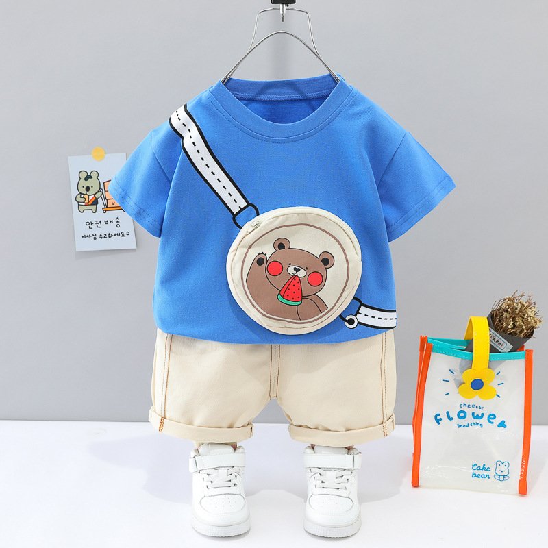 2023 Kids Clothing Short Sleeve Solid Color Bear Backpack Boy Clothes Set FlowTwo-piece T-shirt Casual Shorts Outfits
