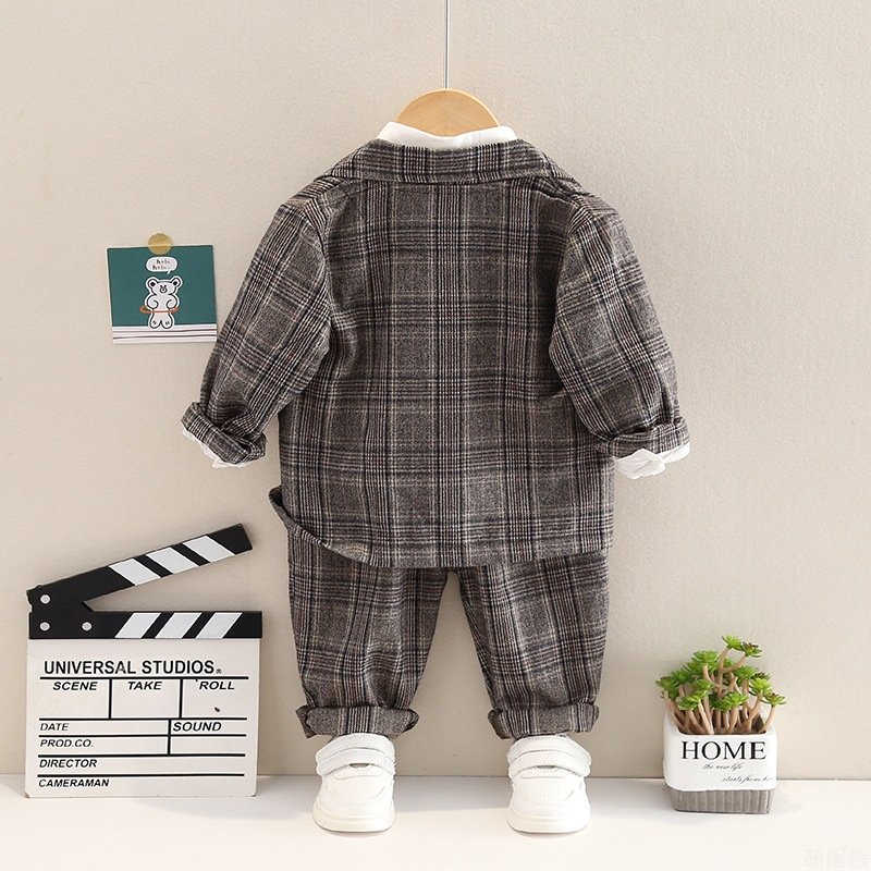 2023 Fashion Kids Luxury, 3 Piece Suit Set Lattice Bow Tie Long Sleeve Formal 3 Color Options Casual Outfit Boys Clothing Sets/