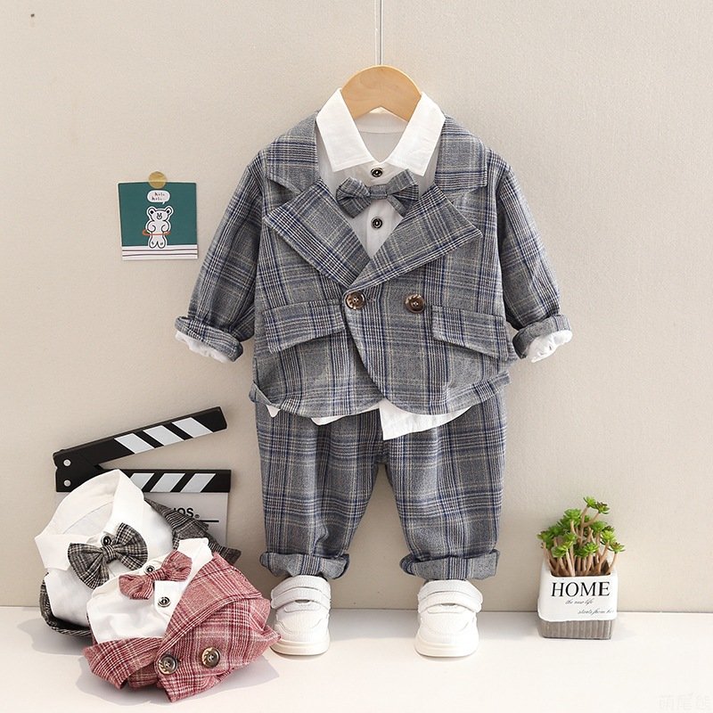 2023 Fashion Kids Luxury, 3 Piece Suit Set Lattice Bow Tie Long Sleeve Formal 3 Color Options Casual Outfit Boys Clothing Sets/