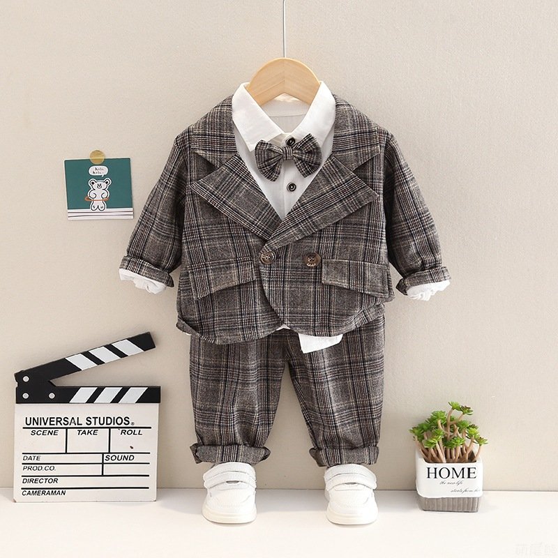 2023 Fashion Kids Luxury, 3 Piece Suit Set Lattice Bow Tie Long Sleeve Formal 3 Color Options Casual Outfit Boys Clothing Sets/