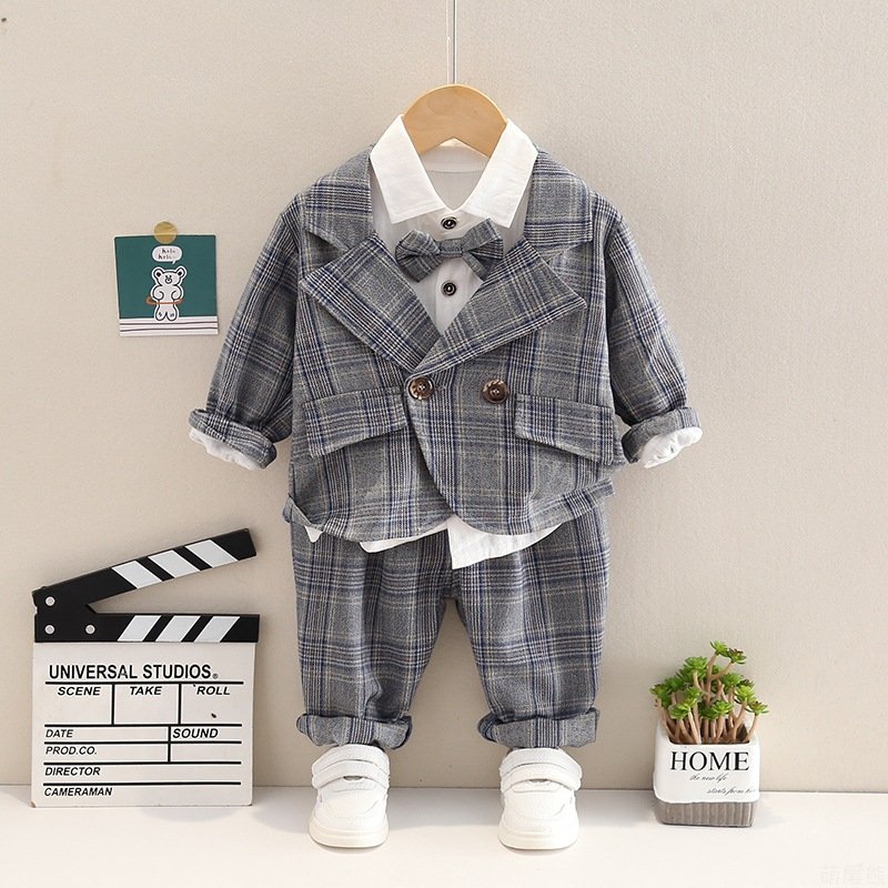 2023 Fashion Kids Luxury, 3 Piece Suit Set Lattice Bow Tie Long Sleeve Formal 3 Color Options Casual Outfit Boys Clothing Sets/