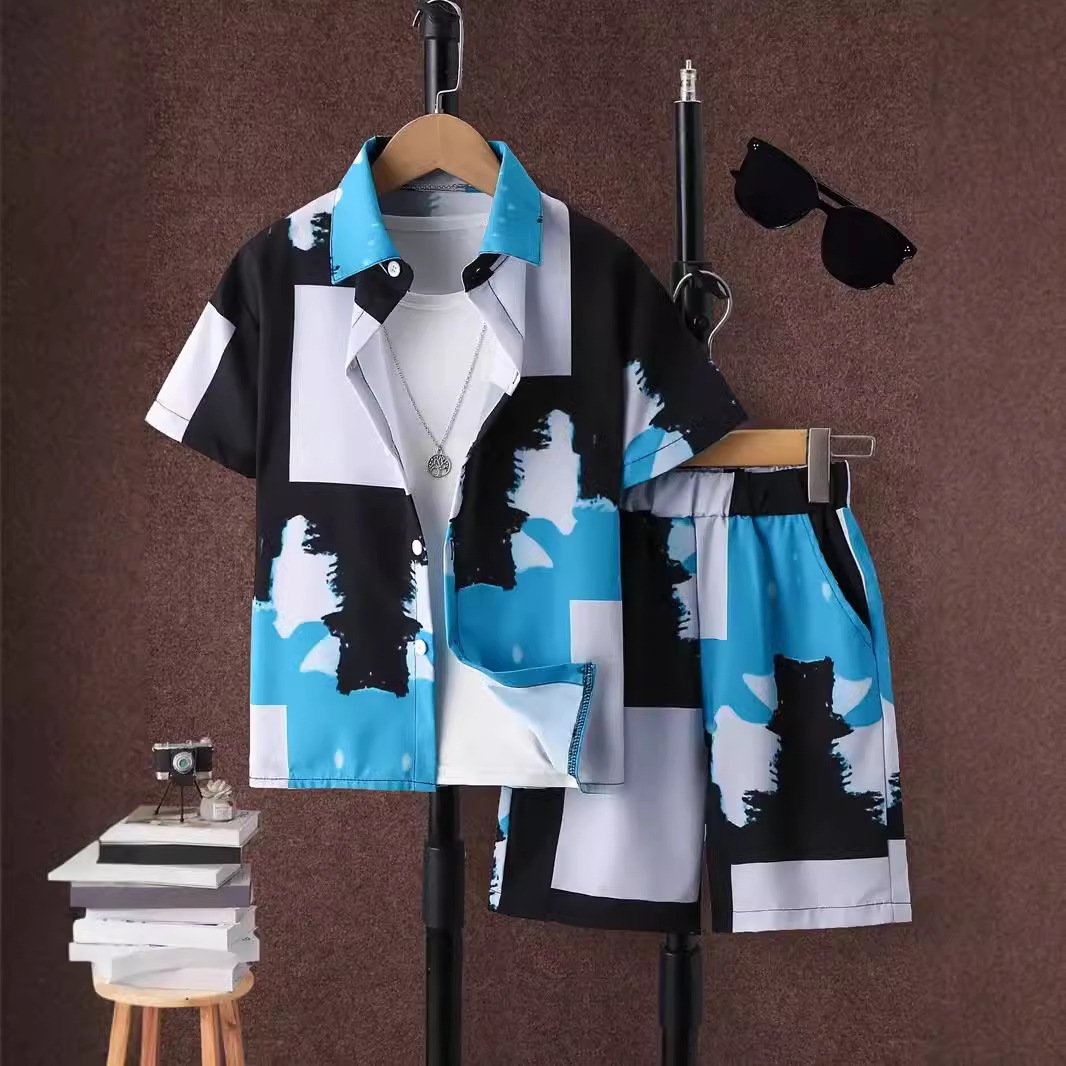 New arrival summer teen Boys Clothing Sets short sleeves printed shirt + casual shorts2 Pieces beach outfits for kids
