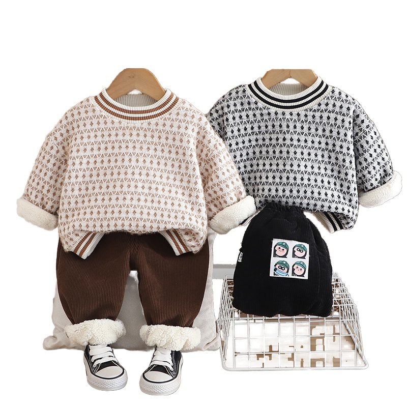 2024 winter new cashmere diamond-shaped casual boy baby fashion trend warm jumper two-piece set of clothes