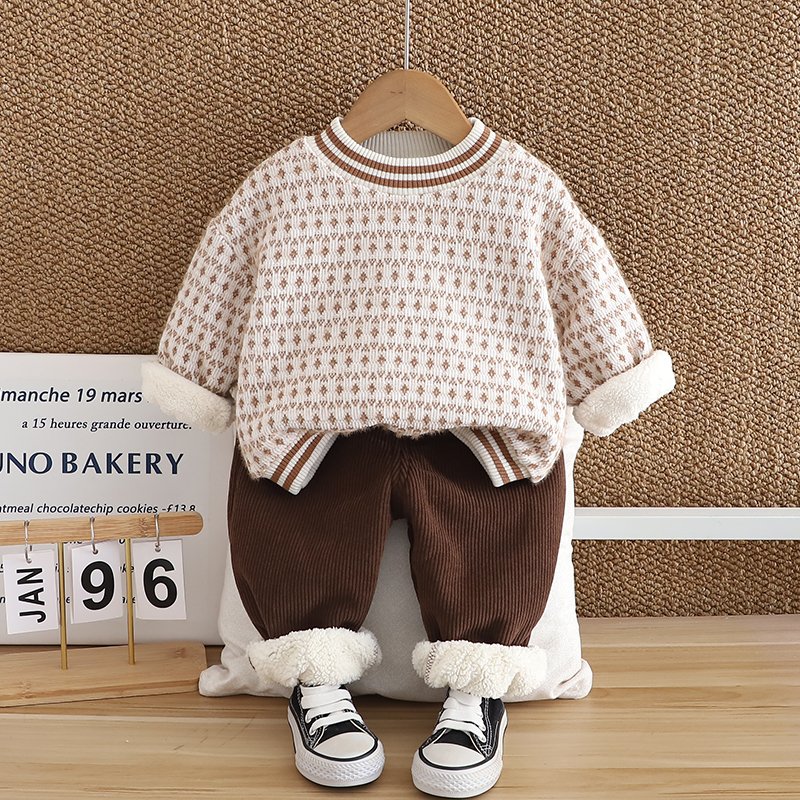 2024 winter new cashmere diamond-shaped casual boy baby fashion trend warm jumper two-piece set of clothes