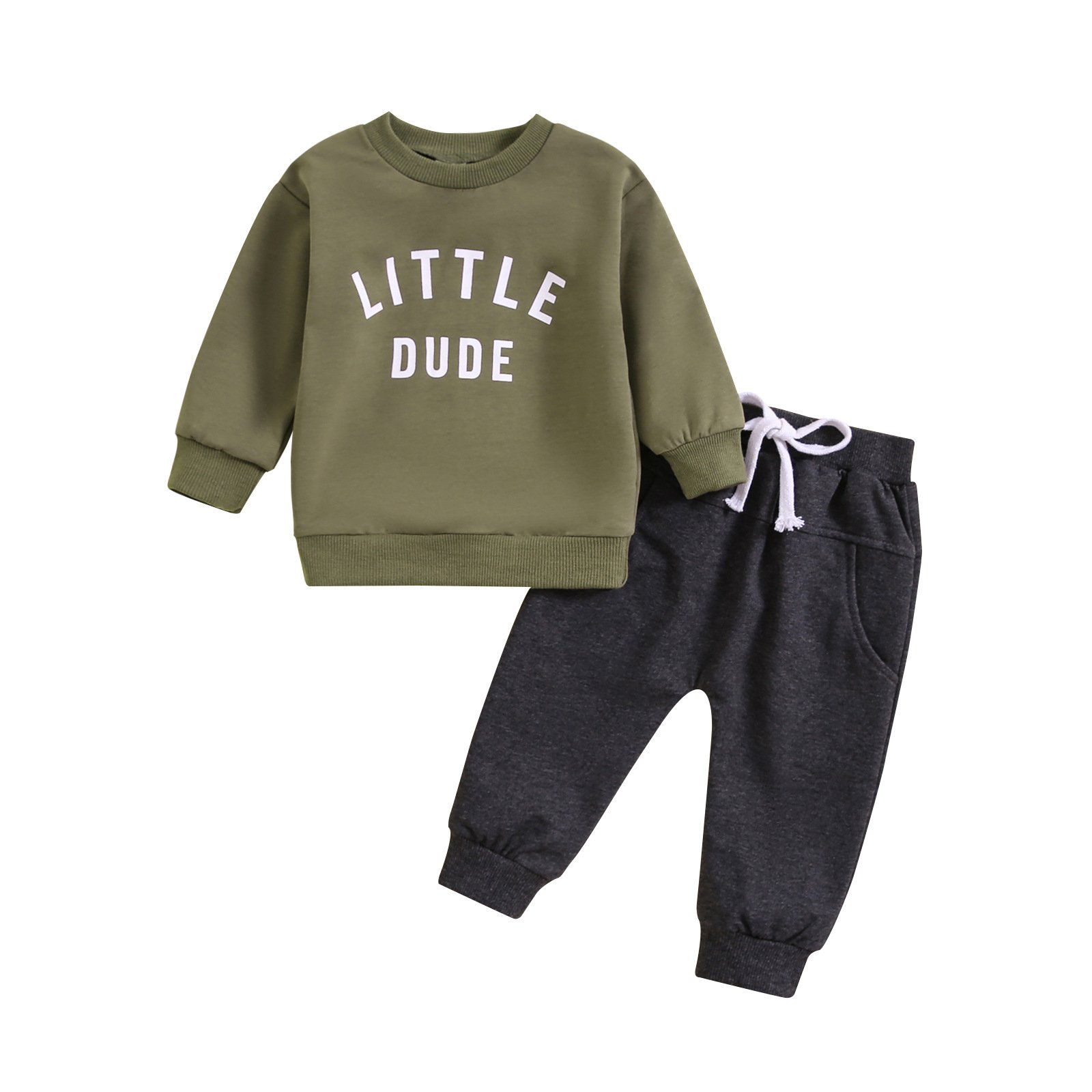 Boys' children's clothing round neck letter printed top solid color pants two-piece set multi-color version