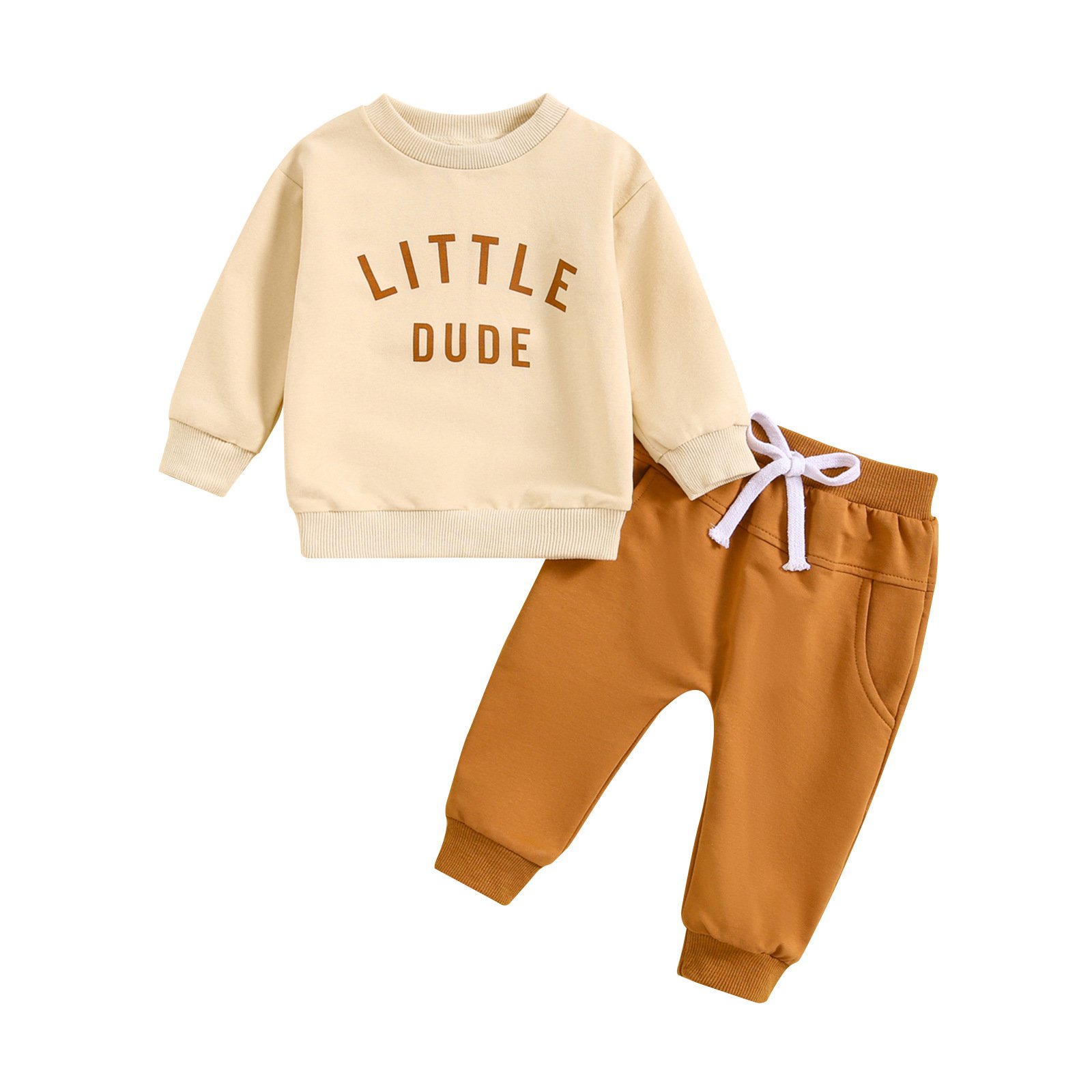 Boys' children's clothing round neck letter printed top solid color pants two-piece set multi-color version