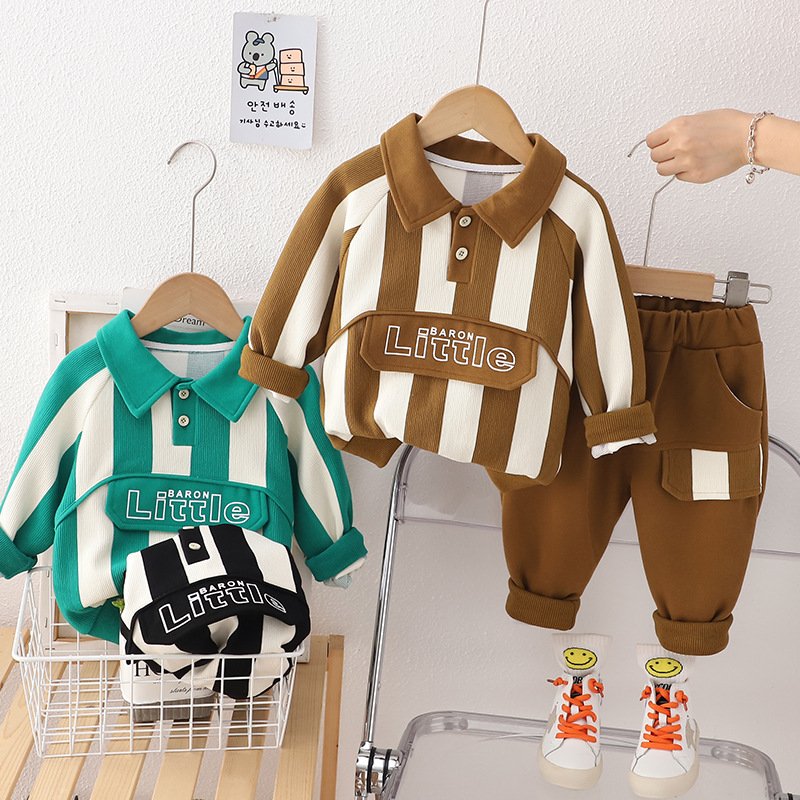 Kids Clothing sets Boys Girls School Set Khaki School Uniform Collar long sleeve Toddler Vertical Striped polo Sweater pants Set