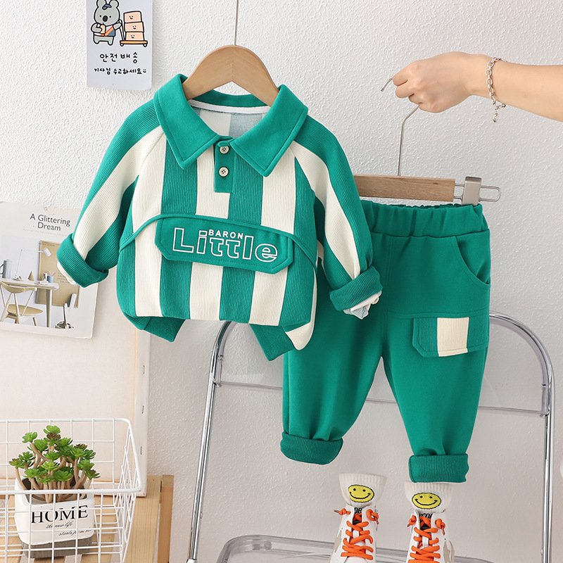 Kids Clothing sets Boys Girls School Set Khaki School Uniform Collar long sleeve Toddler Vertical Striped polo Sweater pants Set