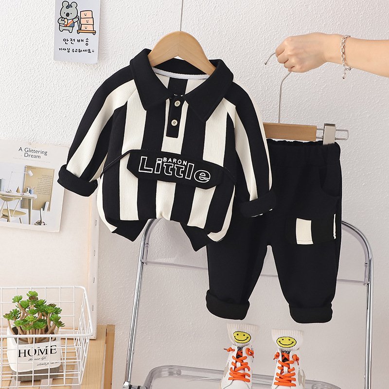 Kids Clothing sets Boys Girls School Set Khaki School Uniform Collar long sleeve Toddler Vertical Striped polo Sweater pants Set