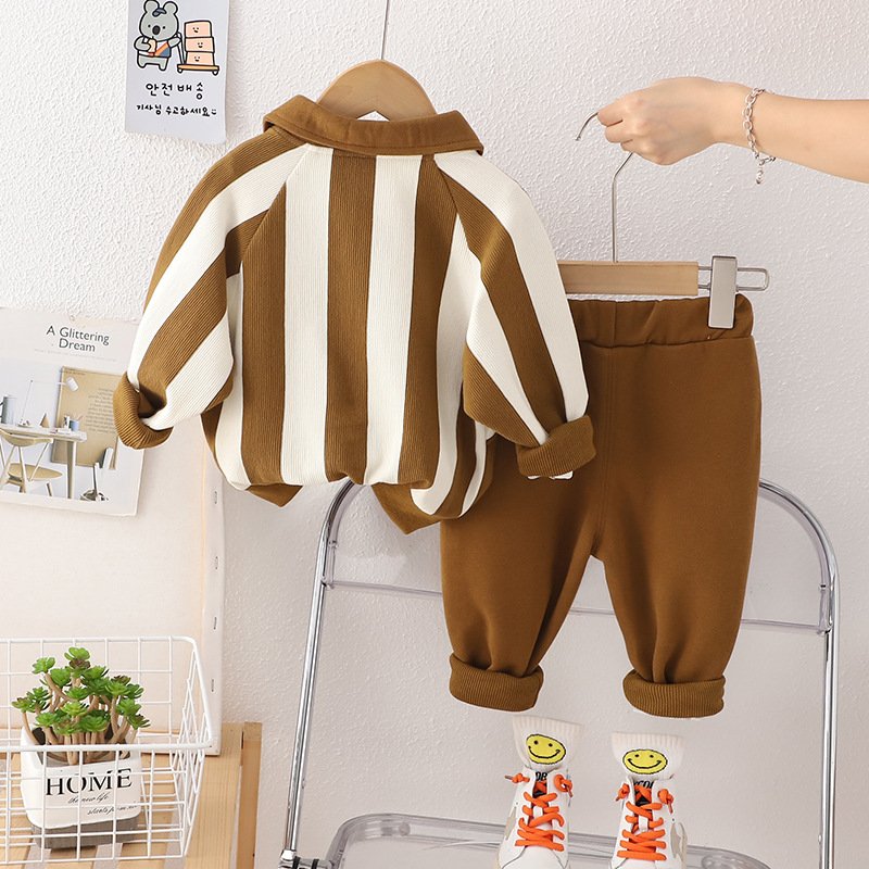 Kids Clothing sets Boys Girls School Set Khaki School Uniform Collar long sleeve Toddler Vertical Striped polo Sweater pants Set