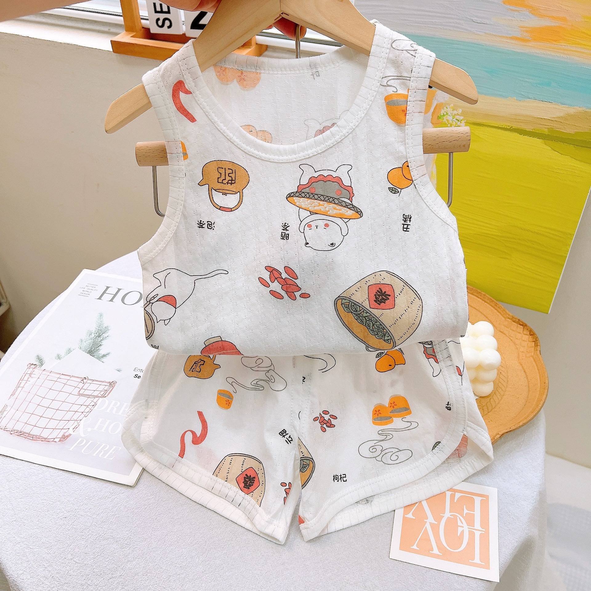 Summer boys and girls air-conditioned shorts halter vest set Homewear Pure cotton children's pajamas