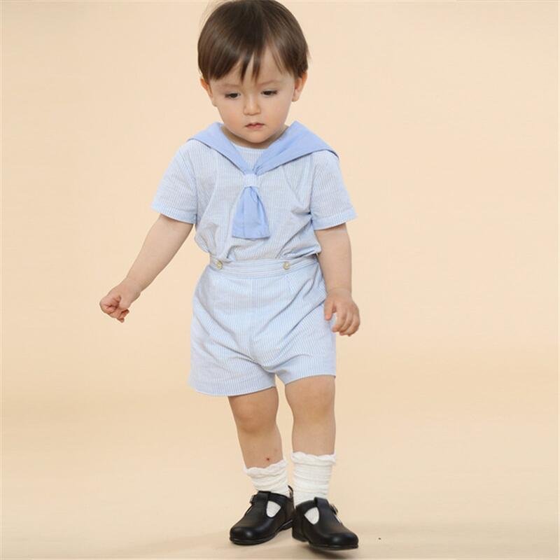 Custom Summer Kids Clothing Set Blue Stripe Cotton Tops Shorts Pants Spanish Baby Boy Clothes Brother Matching Outfits