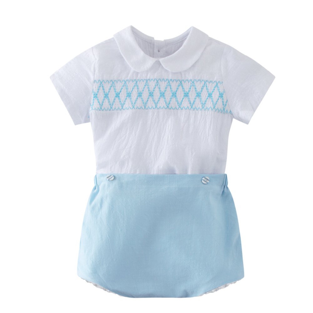 Summer suit for boy kids minimalist puff short sleeved soft fabric smock tops elastic pants 2PCS Boy Clothing Sets
