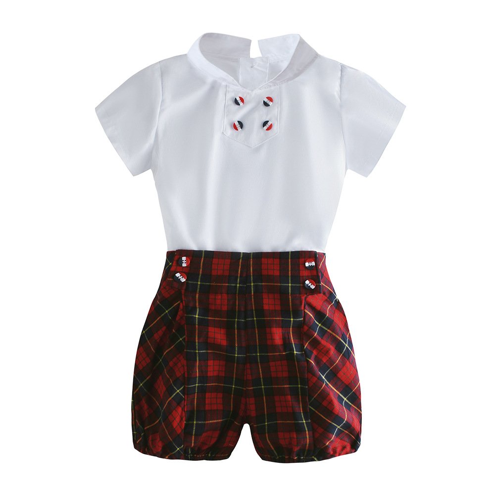 Summer suit for boy kids minimalist puff short sleeved soft fabric smock tops elastic pants 2PCS Boy Clothing Sets