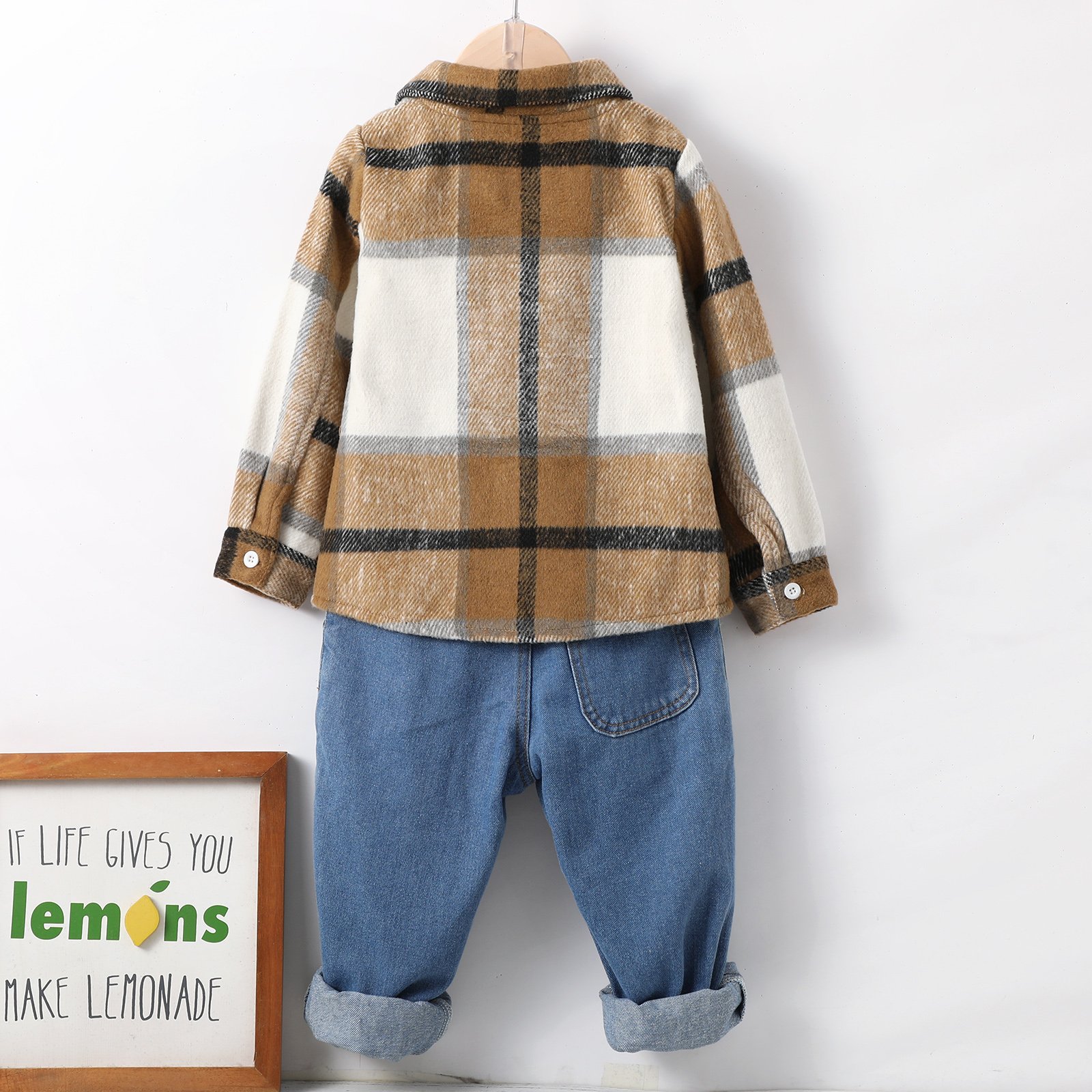 Boys Clothing Wholesale Khaki Plaid Row Button Long Sleeve Denim Pants Set Boy Clothing Sets 4 To 7 Years Old