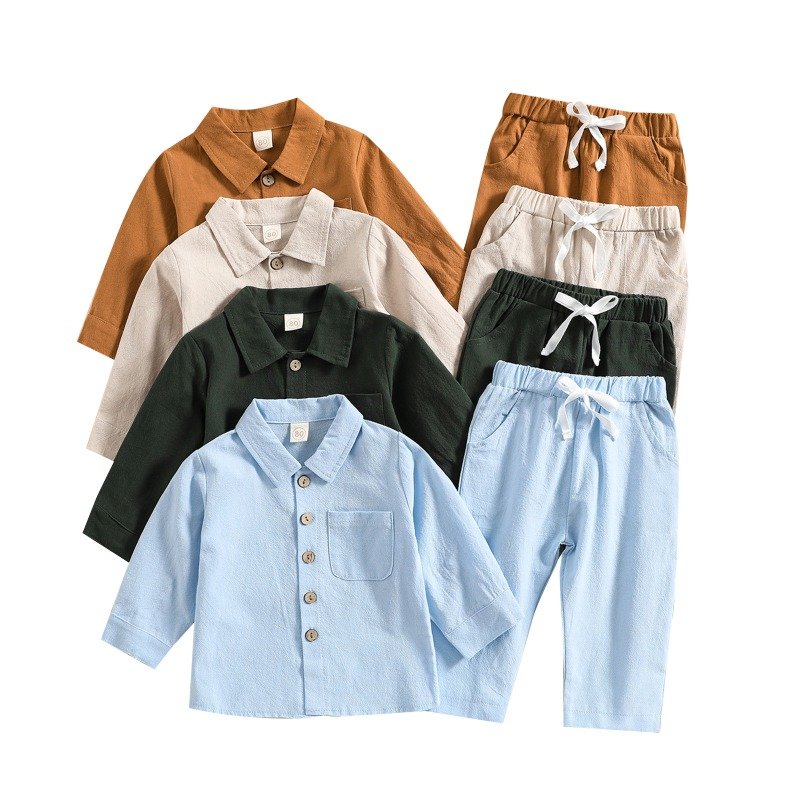 Spring Autumn 2024 Style Children Multi Solid Color Cotton and Linen Collar Shirt Casual Long Sleeve Pants 2 Piece Clothing Set
