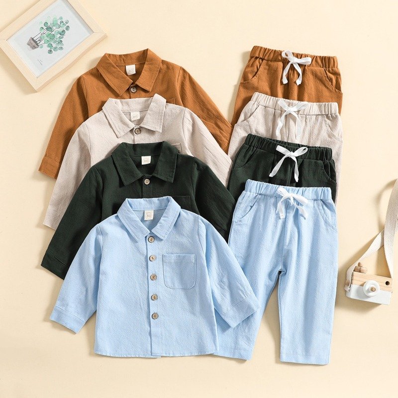 Spring Autumn 2024 Style Children Multi Solid Color Cotton and Linen Collar Shirt Casual Long Sleeve Pants 2 Piece Clothing Set