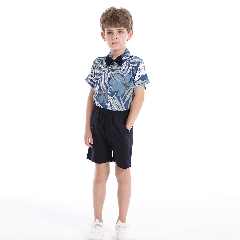 Hot Selling 2024 Summer OEM Casual Lapel Floral Hawaiian Shirt Baby children Boy Outfits Holiday Clothes Seaside Tree Shorts