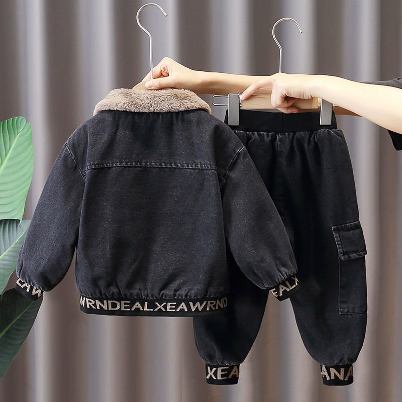 New Style Boys Winter Suit Clothes Thick Children Boutique Clothing Boys Denim Jackets Two-piece Suits
