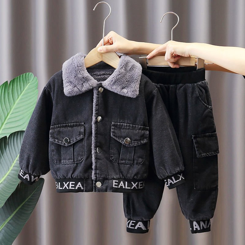 New Style Boys Winter Suit Clothes Thick Children Boutique Clothing Boys Denim Jackets Two-piece Suits