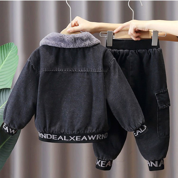 New Style Boys Winter Suit Clothes Thick Children Boutique Clothing Boys Denim Jackets Two-piece Suits