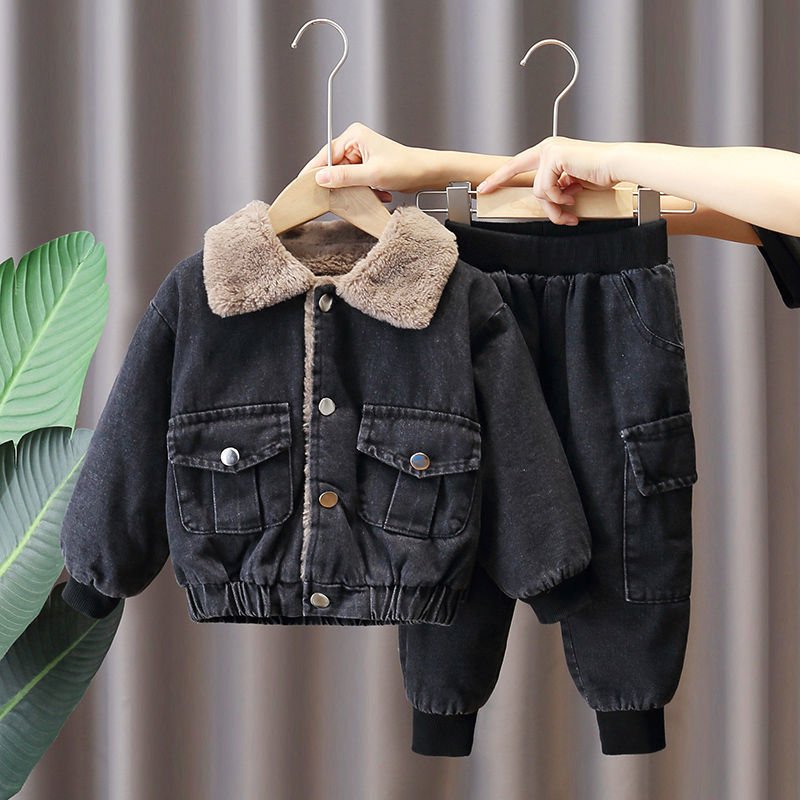 New Style Boys Winter Suit Clothes Thick Children Boutique Clothing Boys Denim Jackets Two-piece Suits