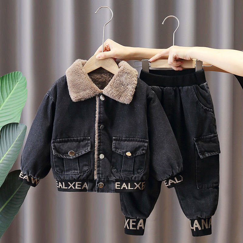 New Style Boys Winter Suit Clothes Thick Children Boutique Clothing Boys Denim Jackets Two-piece Suits