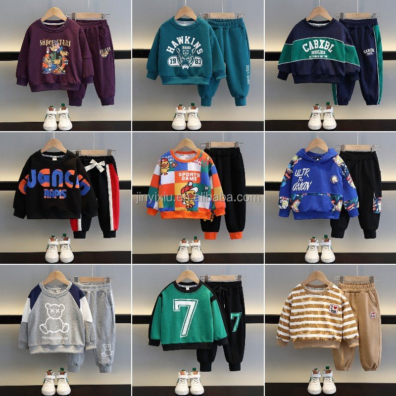 100% cotton children's clothing Toddler Boys and girls set unisex wool sweatshirt 2 sets