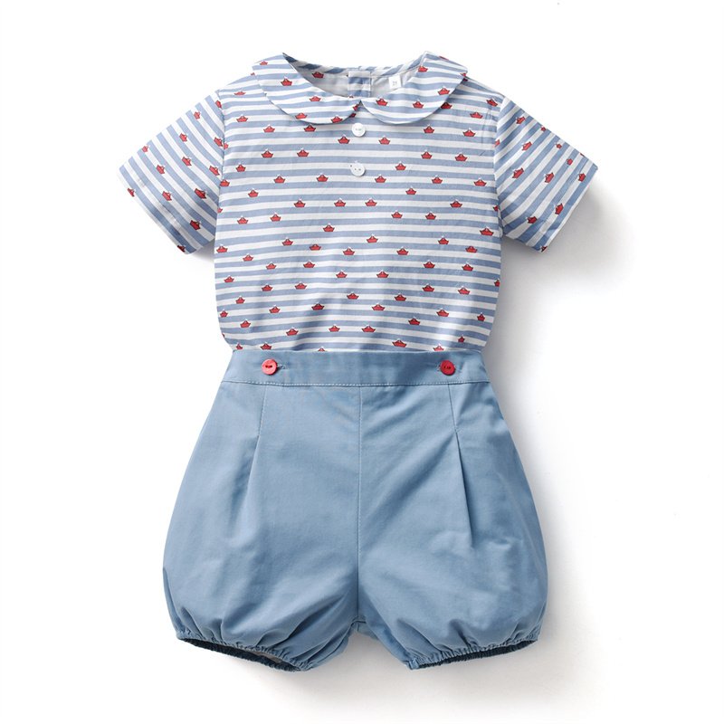 Baby Boy Spanish Kids Clothes Set Summer Cotton Short Sleeve Shirts Peter Pan Collar Navy Bloomers Children Birthday Clothing