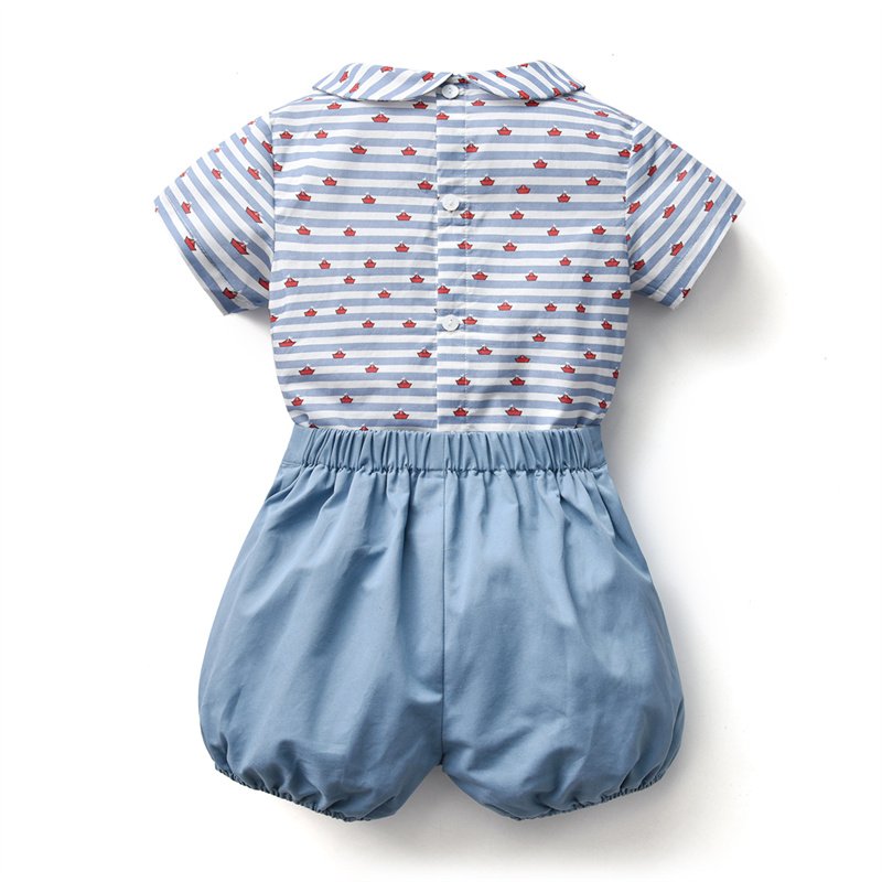 Baby Boy Spanish Kids Clothes Set Summer Cotton Short Sleeve Shirts Peter Pan Collar Navy Bloomers Children Birthday Clothing
