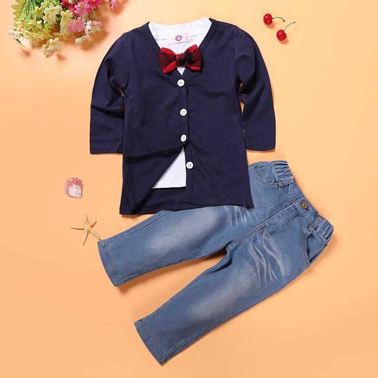 Wholesale baju anak 3 pcs fall solid boutique boy kids clothing set with bow
