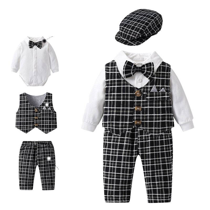 Baby Boys Clothing Set toddler Long Sleeve Romper+Vest+ Peaked Cap+Socks+Walking shoes Suits For Party 1 year old