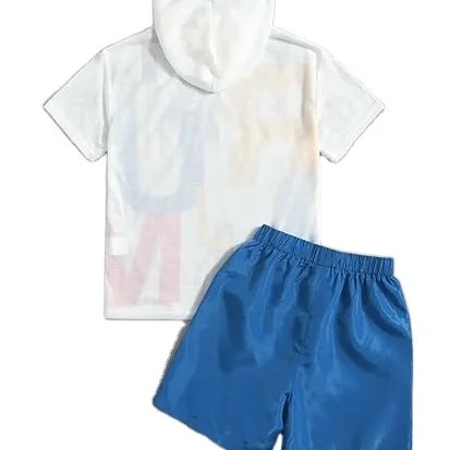 Multi Style Boy's 2 Piece Letter Graphic Color Block Short Sleeve Hooded T Shirt & Shorts Kids Clothing Set