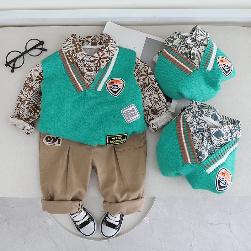 2024 New Design Kids Fashion Clothes Wholesale Sweater Vest Long Sleeve Printed Shirt Khaki Pants Boys Clothing Sets
