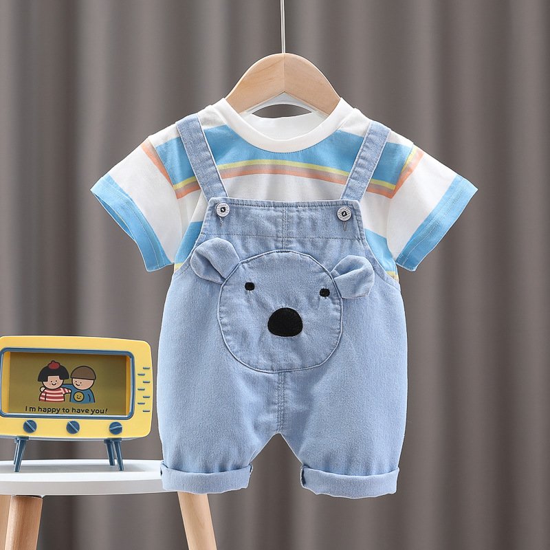 Unisex Fashion Stripe Pullover Boys Suit 2pcs Cotton Clothes Sets Baby Girls Casual Denim Romper baby Boys Clothing Sets