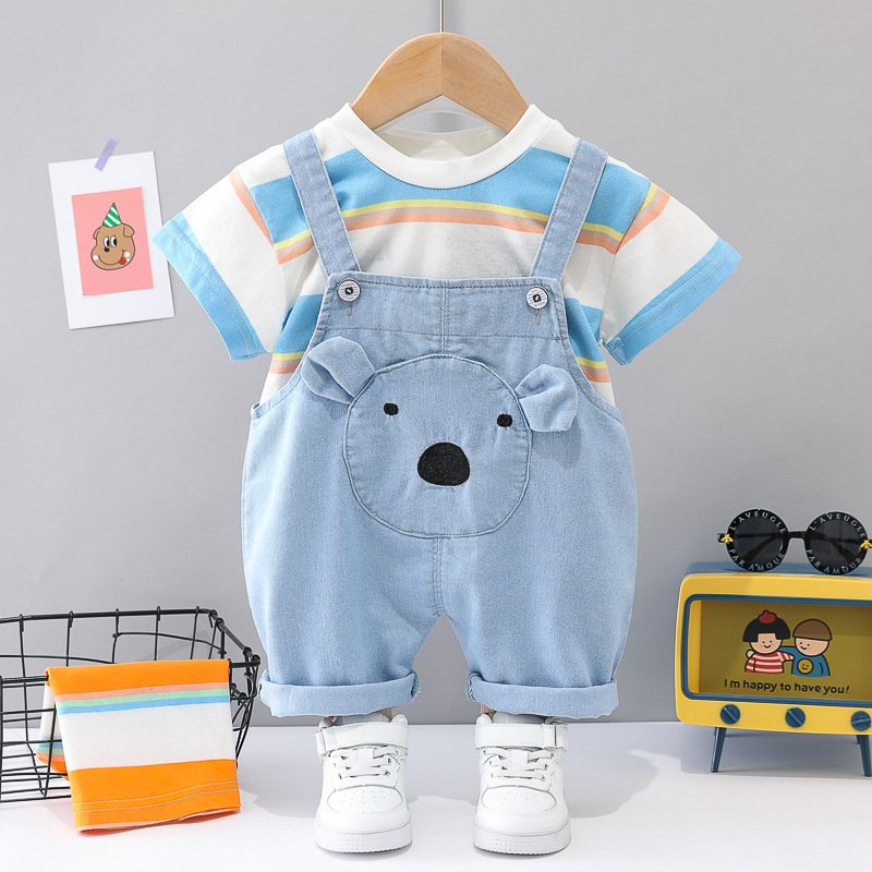 Unisex Fashion Stripe Pullover Boys Suit 2pcs Cotton Clothes Sets Baby Girls Casual Denim Romper baby Boys Clothing Sets