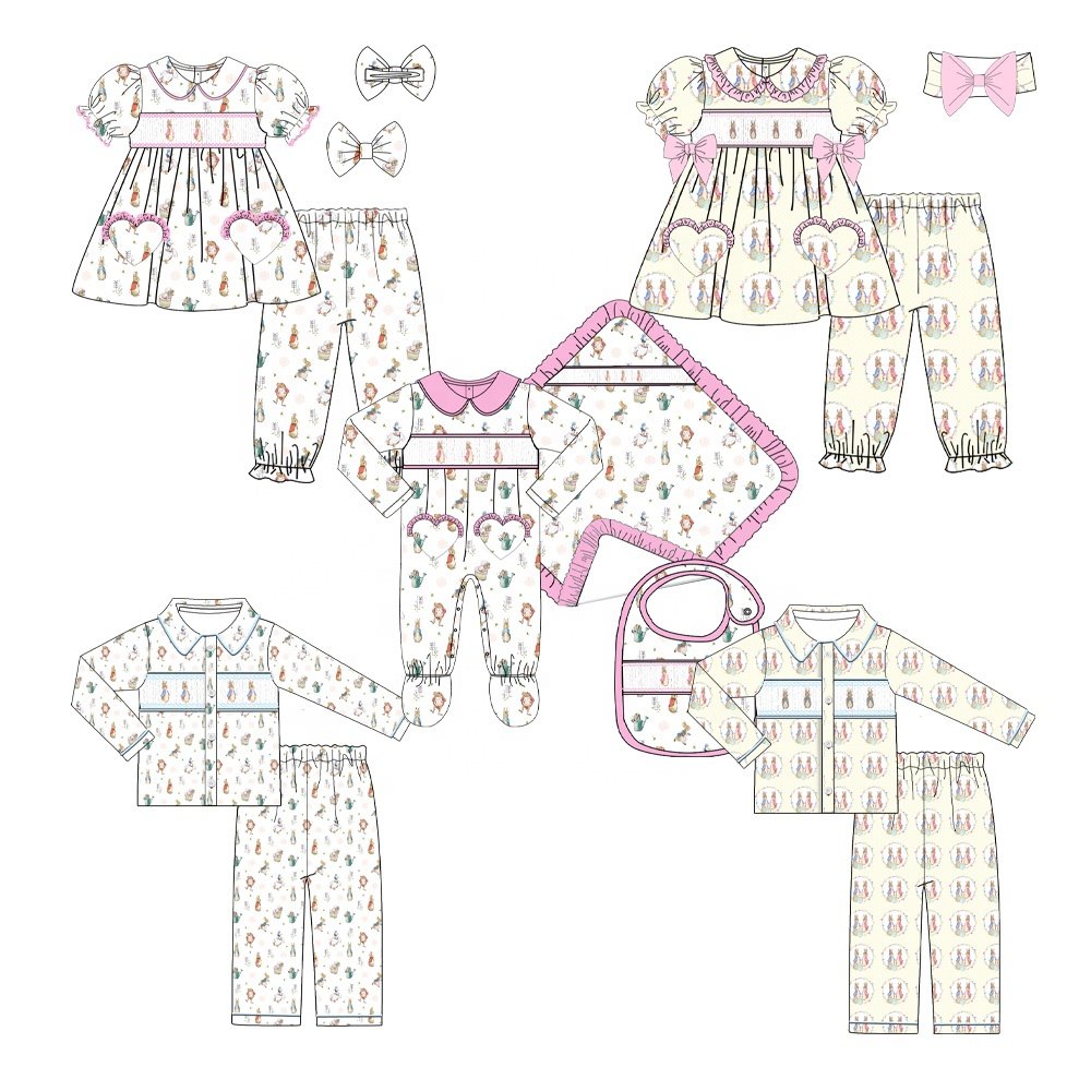 Puresun Children Smocked Clothing Boutique Kids Easter Bunny Embroidery Toddler Baby Boys Clothes Outfits Wholesale