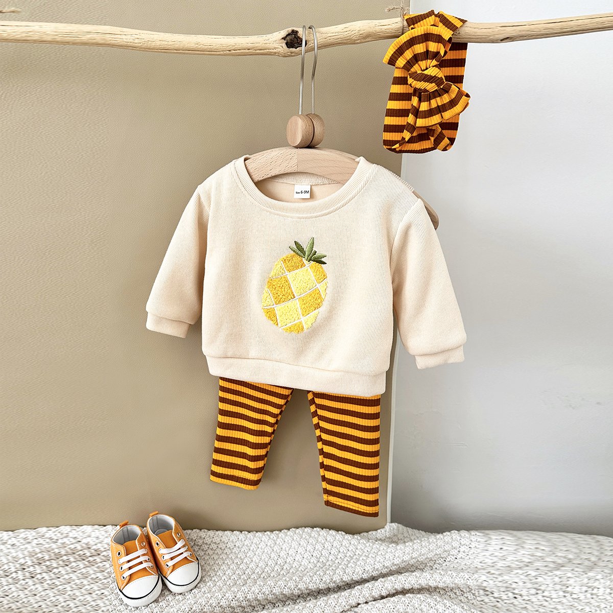 Three Piece Set New Autumn Baby Boys Girls Clothing Wholesale Newborn Sets Infant Hair Band Fruits Embroidery Top+Bottom