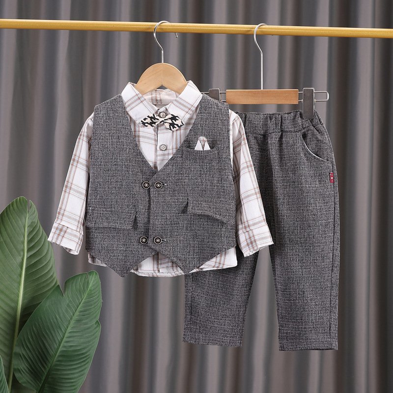 New Boys' Three-Piece Cotton First-Year Banquet Suit Casual Print Waistcoat and Dress Set with Bow Tie for Spring and Autumn