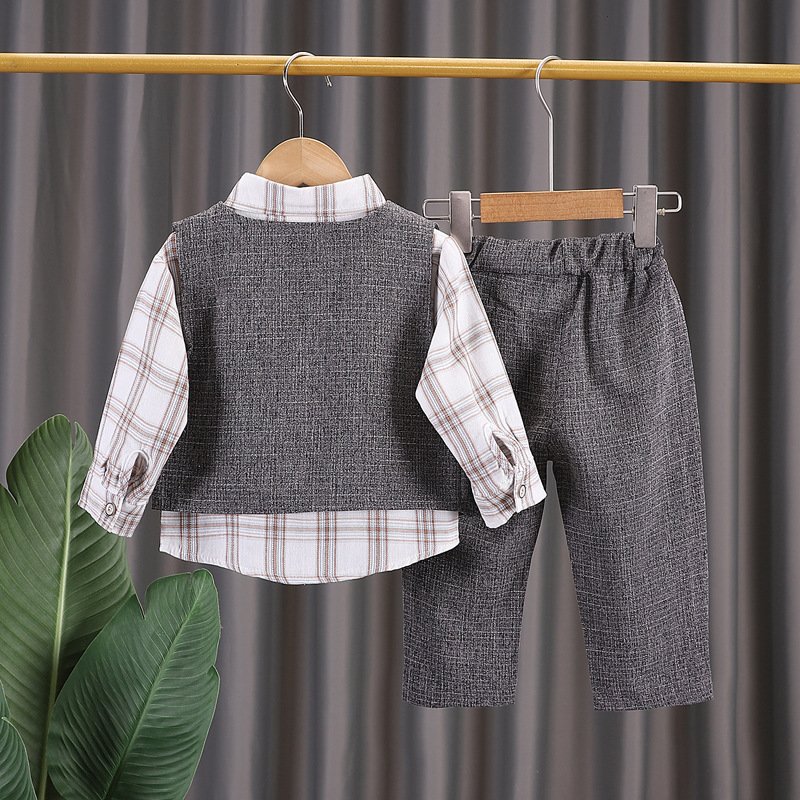 New Boys' Three-Piece Cotton First-Year Banquet Suit Casual Print Waistcoat and Dress Set with Bow Tie for Spring and Autumn