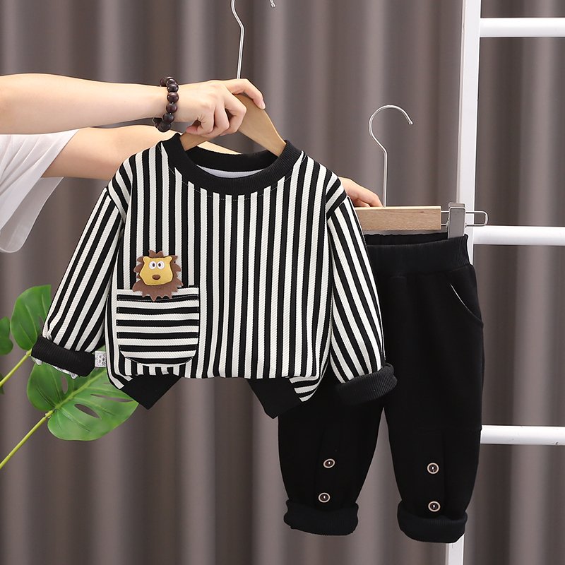 Autumn Casual Korean Hoodie Pullover Set for Boys Long-Sleeved 2pcs Cute Baby Boy Clothing Made of Cotton