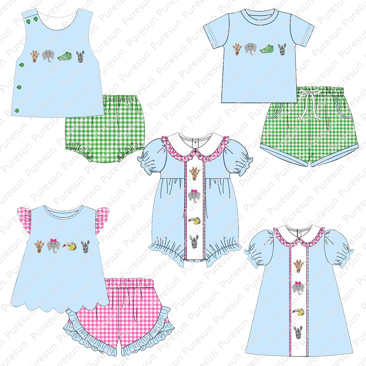 Children Boys Spring Summer Applique Shortie Sets Kids ZOO Animals Smocked Boutique Shorts Clothing Set