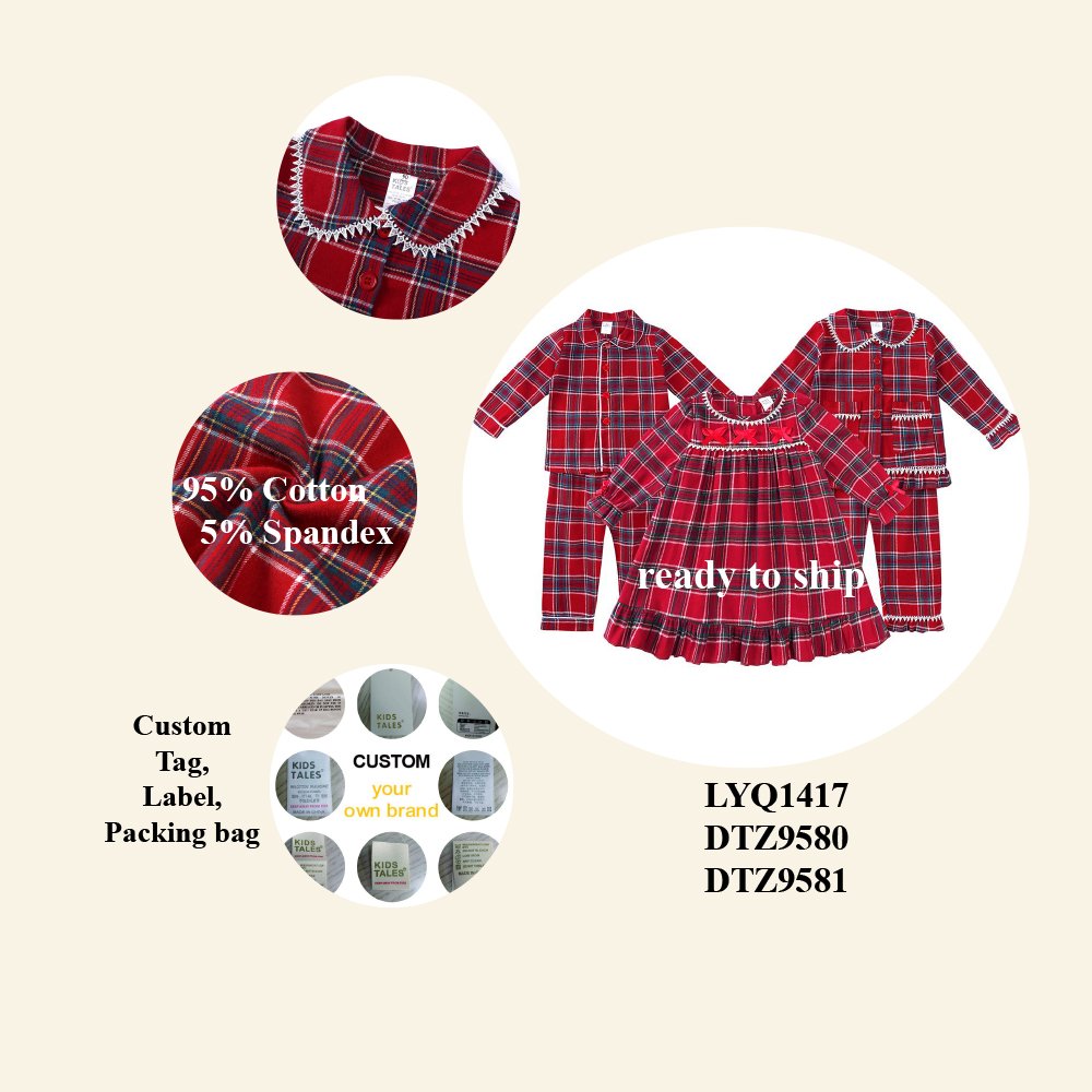 kids button up Christmas pajamas set 2024 cotton red gingham girls ruffles dresses long sleeve check children pajamas wholesale