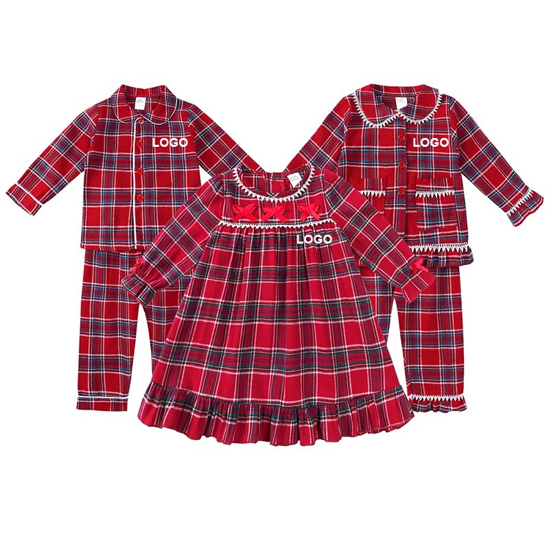 kids button up Christmas pajamas set 2024 cotton red gingham girls ruffles dresses long sleeve check children pajamas wholesale